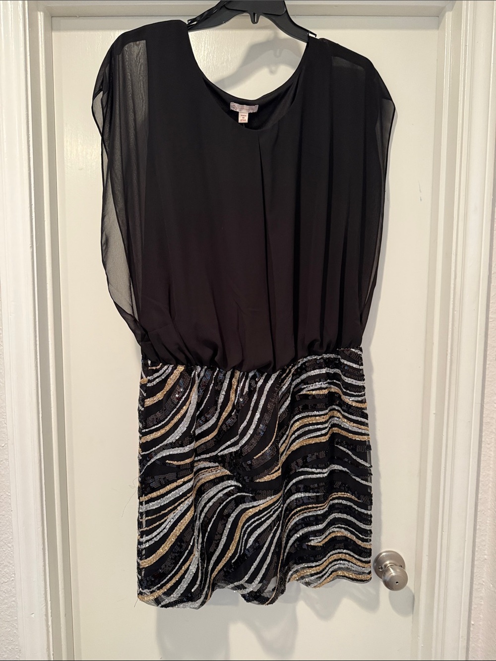 Black Sequin Blouson Mini Dress with Metallic Wave Skirt
